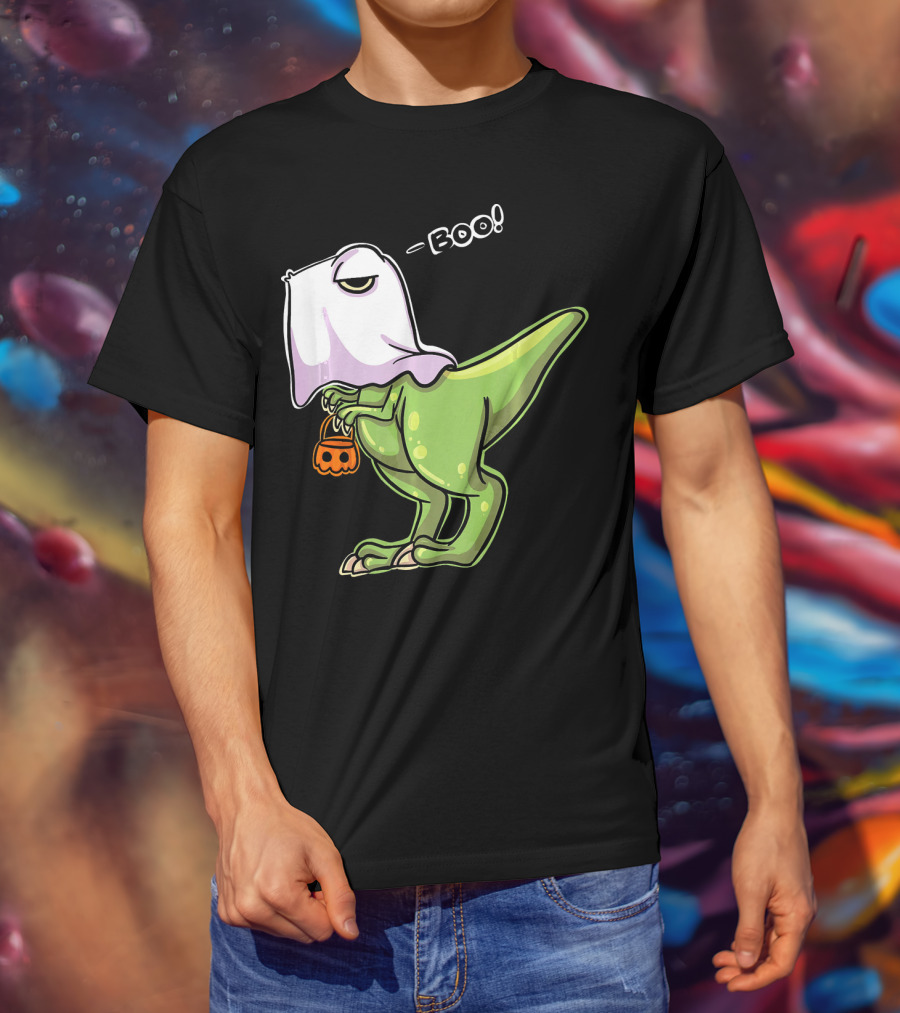 Funny Dinosaur Dressed As Halloween Ghost With Boo Text And Pumpkin T-Shirt