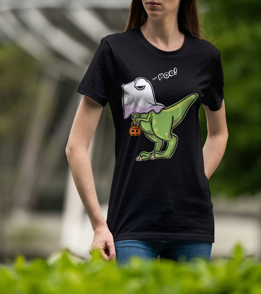 Funny Dinosaur Dressed As Halloween Ghost With Boo Text And Pumpkin T-Shirt