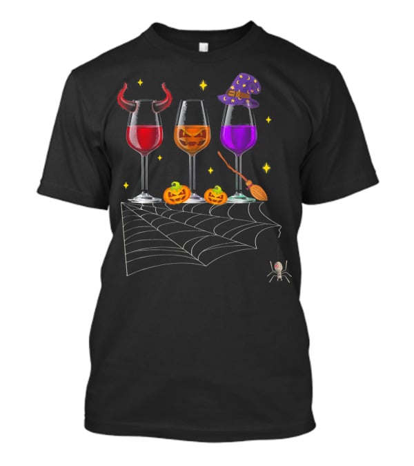 Halloween Wine Glasses Devil Witch Pumpkin Decor With Spider And Web T-Shirt