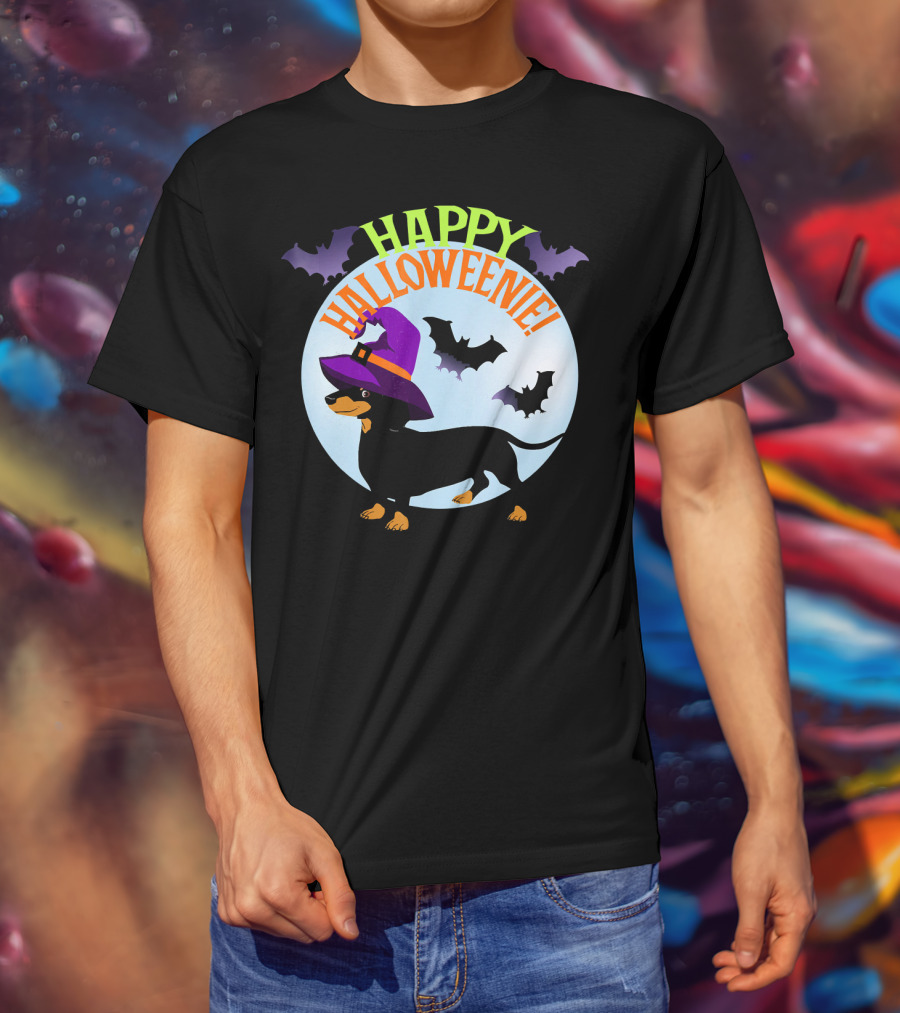 Happy Halloweenie Dachshund Wiener Dog Witch Hat Bats T-Shirt