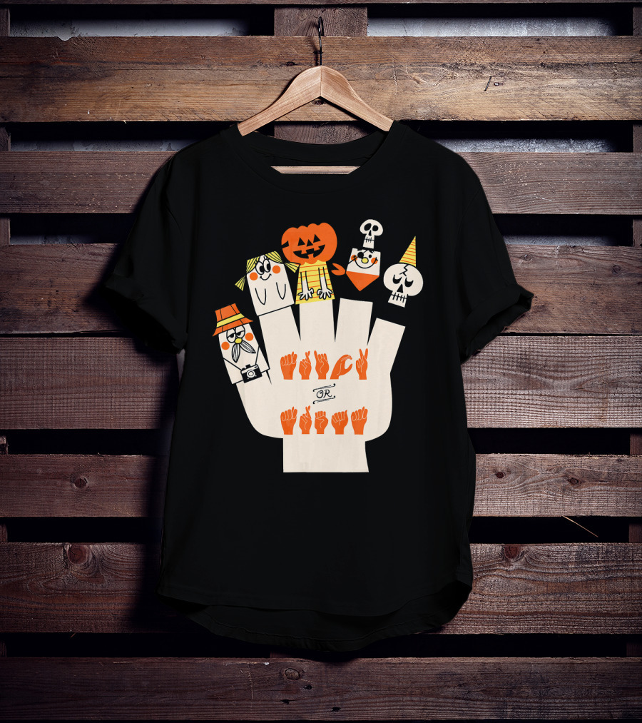 Trick Or Treat ASL Halloween Hand Signs With Pumpkin And Ghost Characters T-Shirt