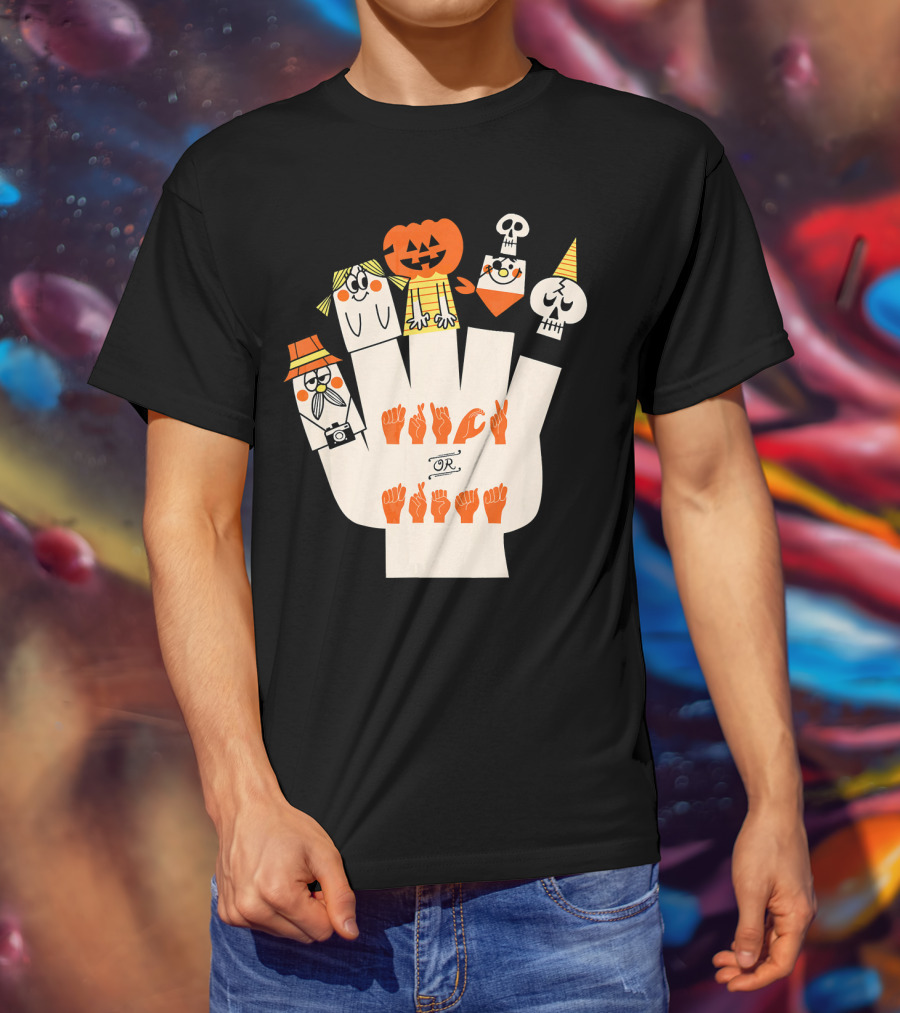 Trick Or Treat ASL Halloween Hand Signs With Pumpkin And Ghost Characters T-Shirt