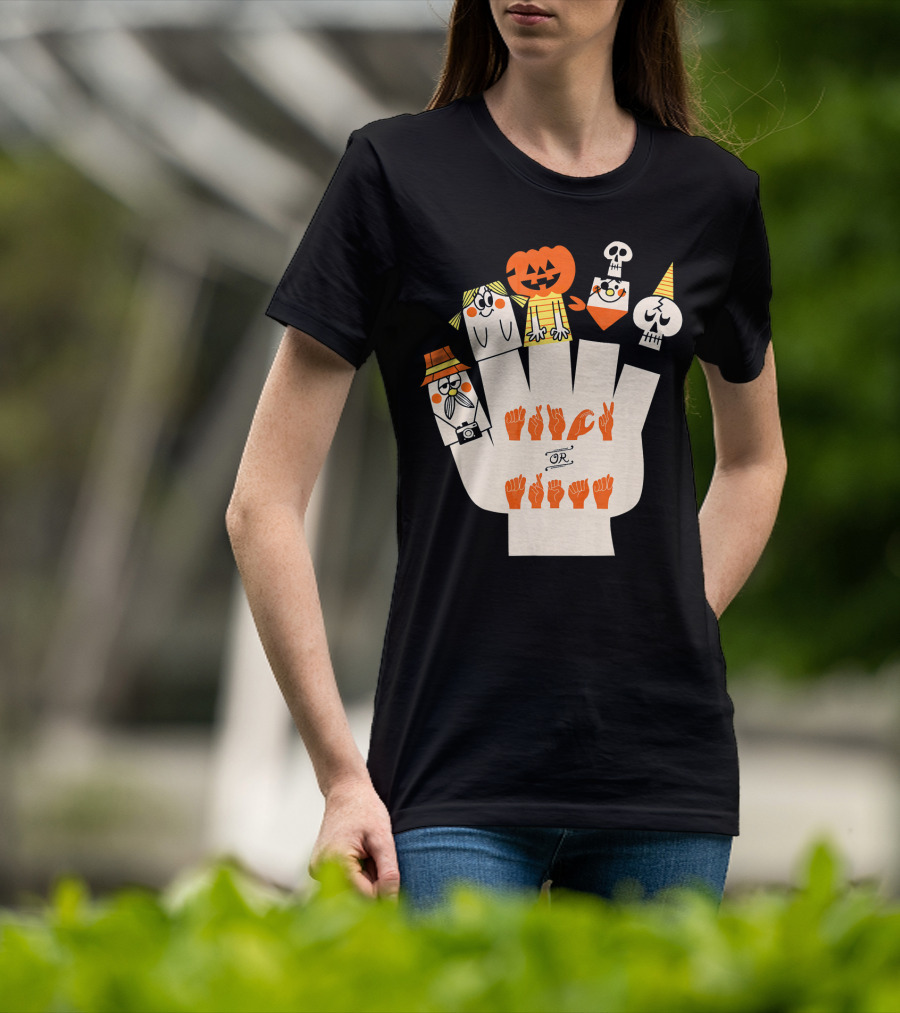 Trick Or Treat ASL Halloween Hand Signs With Pumpkin And Ghost Characters T-Shirt