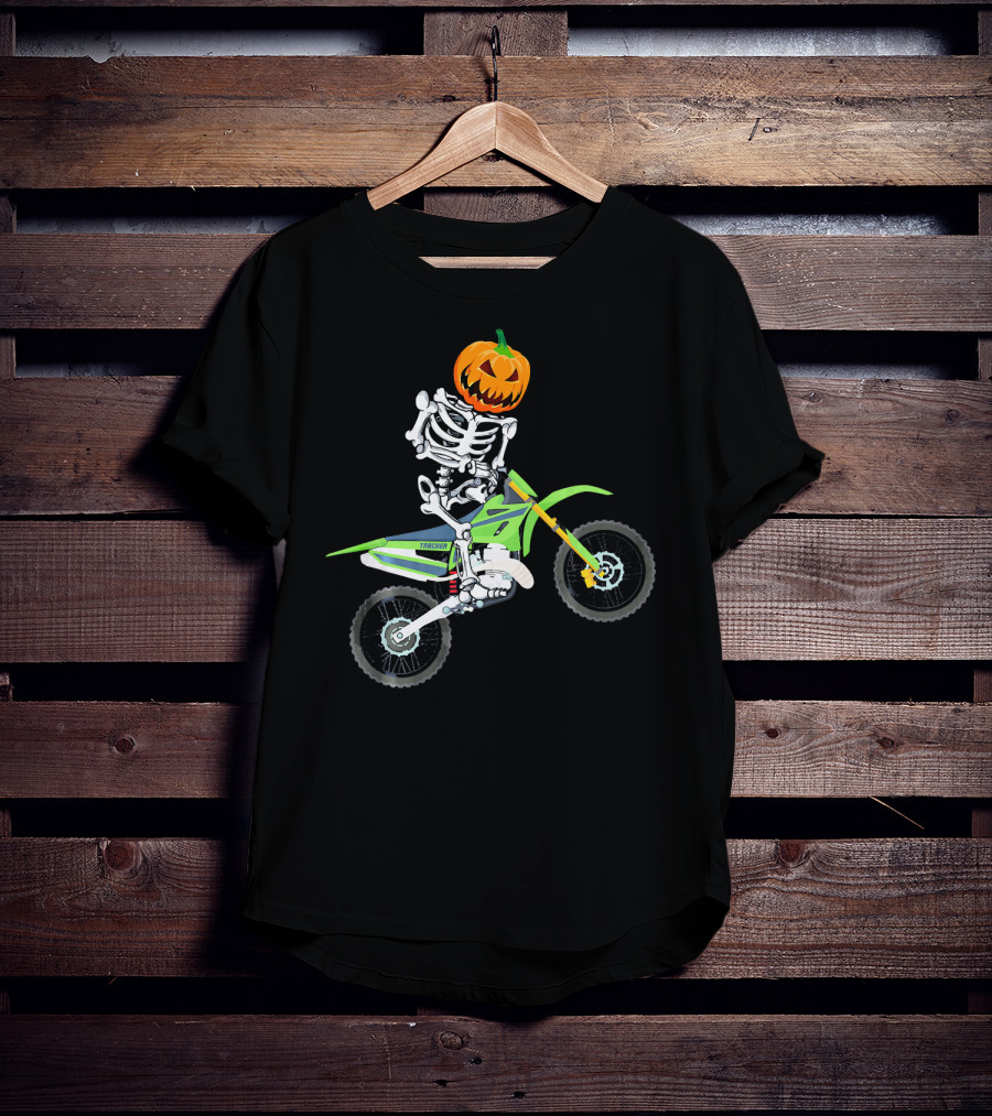 Skeleton Dirt Bike Halloween Pumpkin Rider T-Shirt