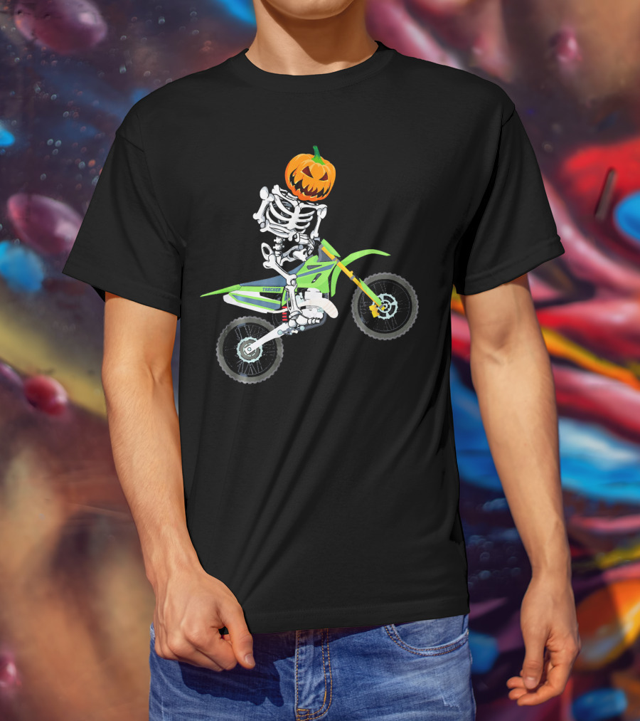 Skeleton Dirt Bike Halloween Pumpkin Rider T-Shirt