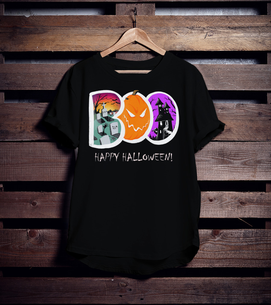 Happy Halloween Boo Trick Or Treat Pumpkin Graveyard Haunted House T-Shirt