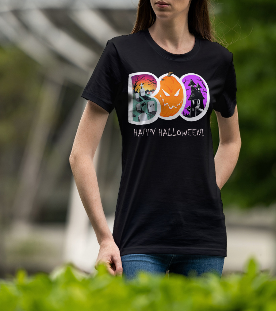 Happy Halloween Boo Trick Or Treat Pumpkin Graveyard Haunted House T-Shirt
