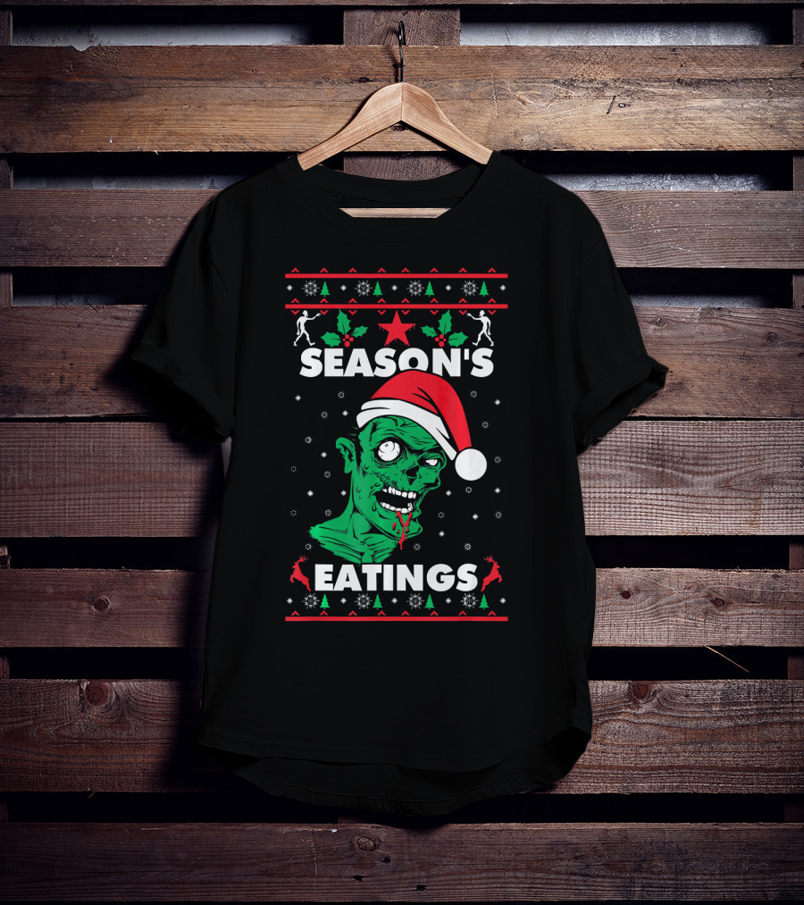 Season's Eatings Ugly Christmas Zombie Santa Hat Snowflakes T-Shirt