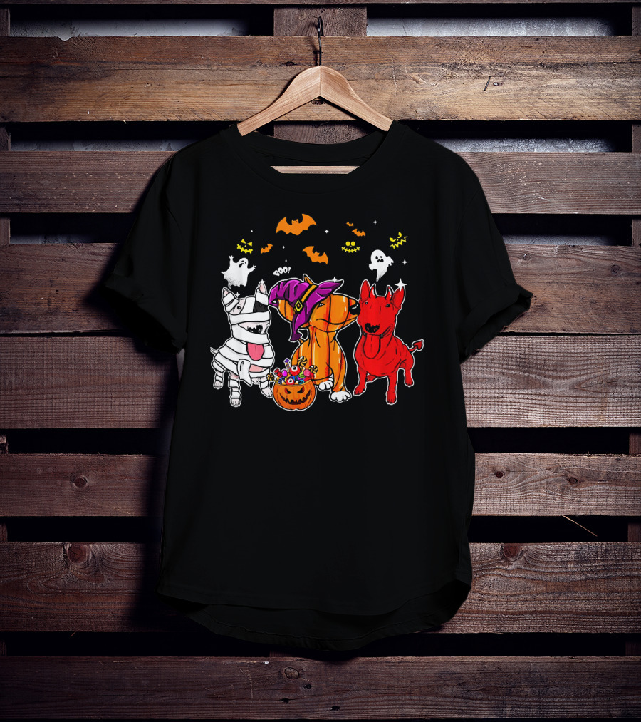 Adorable Bull Terrier Trio In Halloween Costumes With Spooky Ghosts And Bats T-Shirt