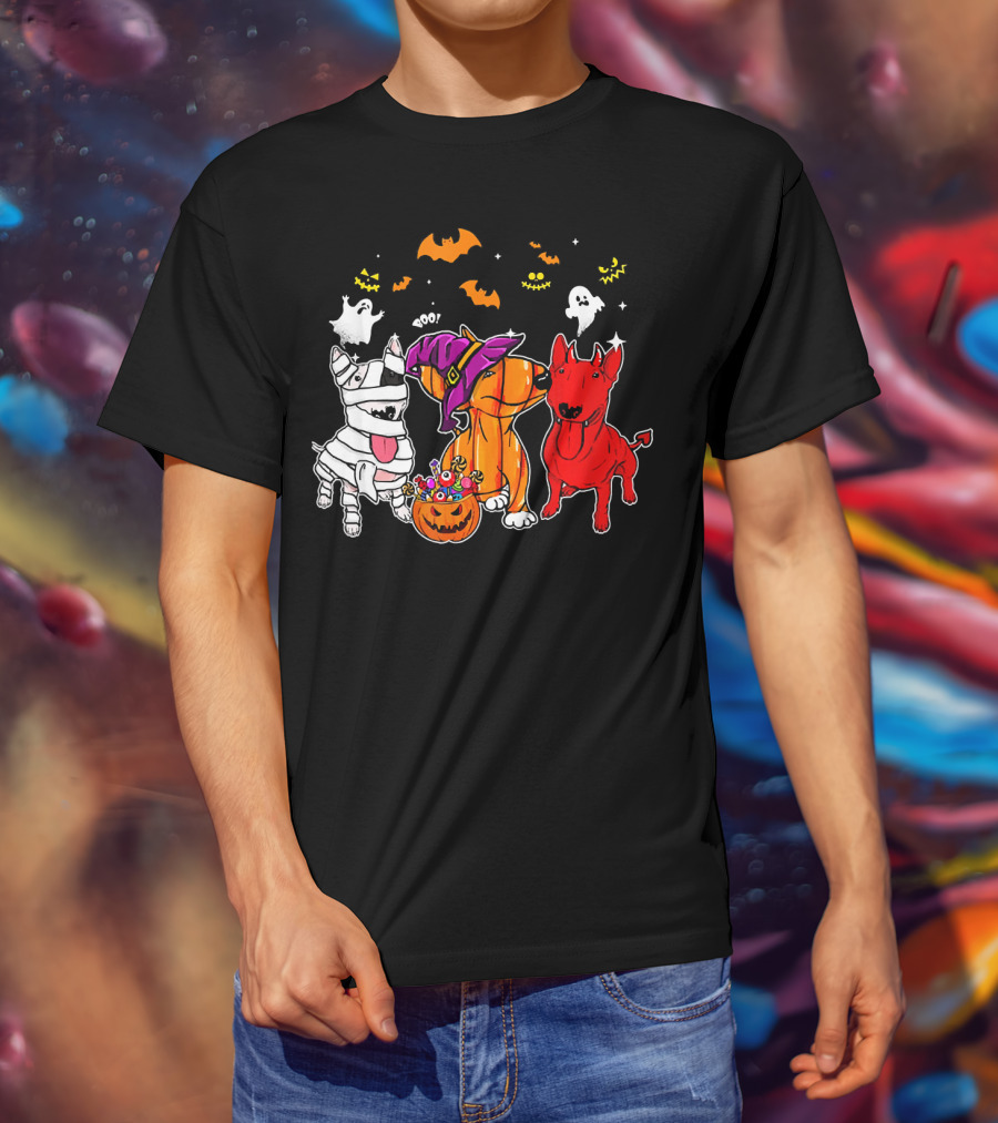 Adorable Bull Terrier Trio In Halloween Costumes With Spooky Ghosts And Bats T-Shirt