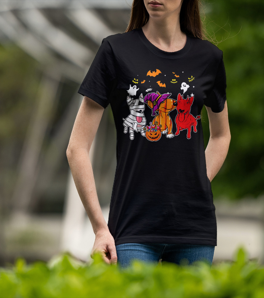 Adorable Bull Terrier Trio In Halloween Costumes With Spooky Ghosts And Bats T-Shirt