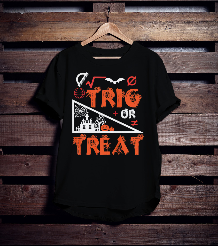 Trig Or Treat Math Halloween Costume Concept With Spooky Castle, Spider Webs, And Math Symbols T-Shirt