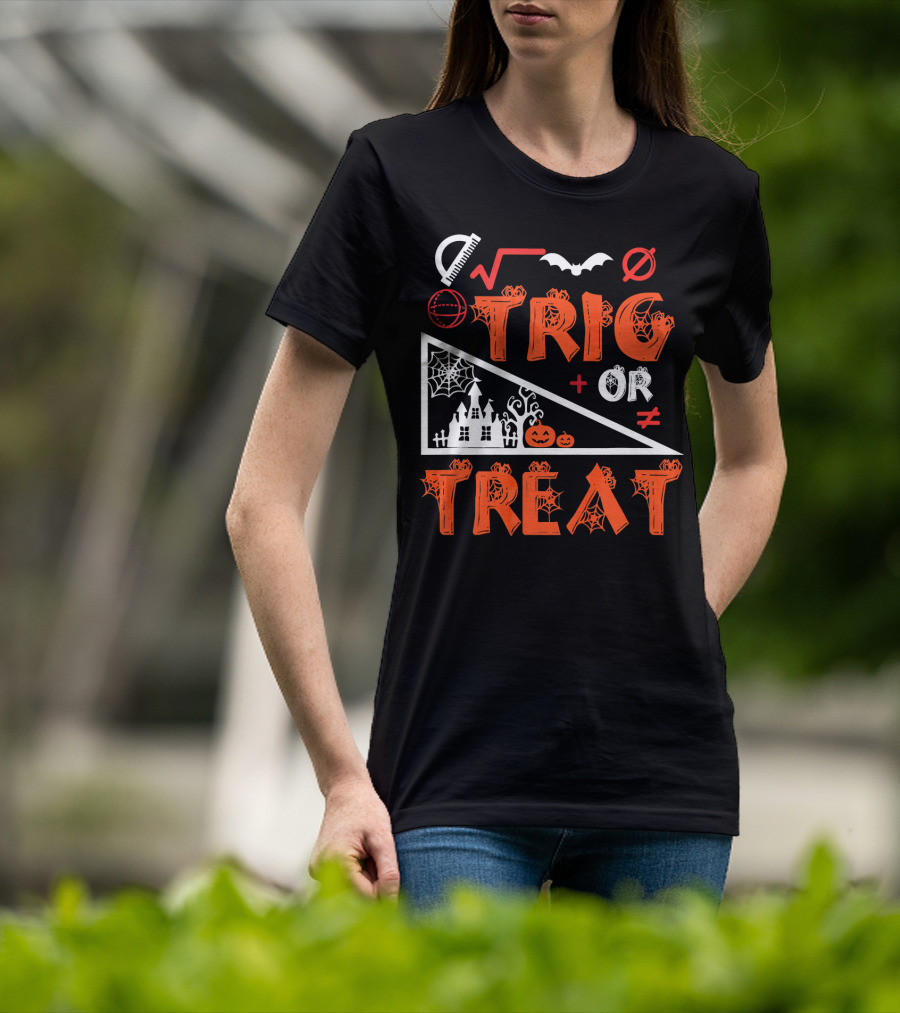 Trig Or Treat Math Halloween Costume Concept With Spooky Castle, Spider Webs, And Math Symbols T-Shirt