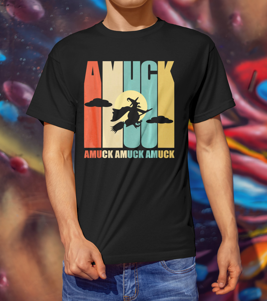 Amuck Amuck Amuck Vintage Witch On Broom Silhouette With Sunset Background T-Shirt