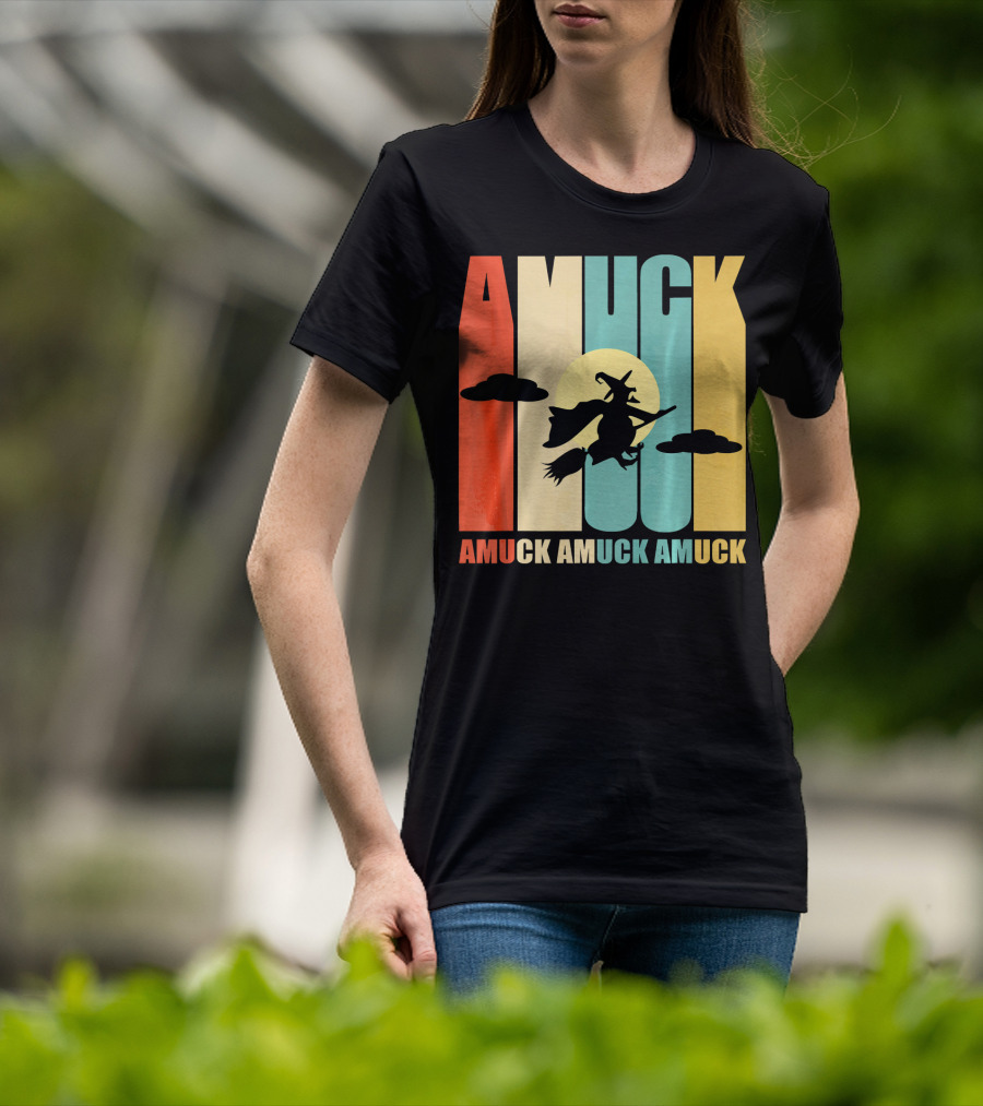 Amuck Amuck Amuck Vintage Witch On Broom Silhouette With Sunset Background T-Shirt