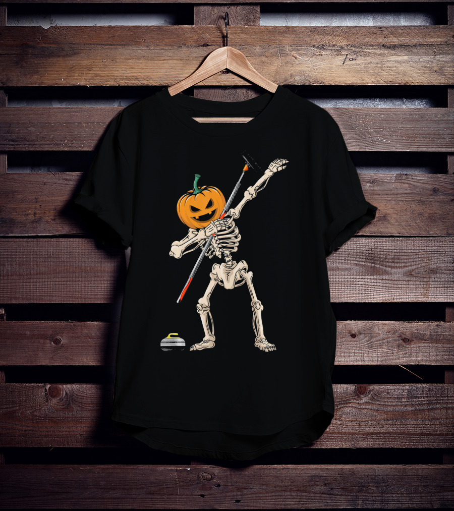 Pumpkin Skeleton Dabbing Curling Halloween T-Shirt