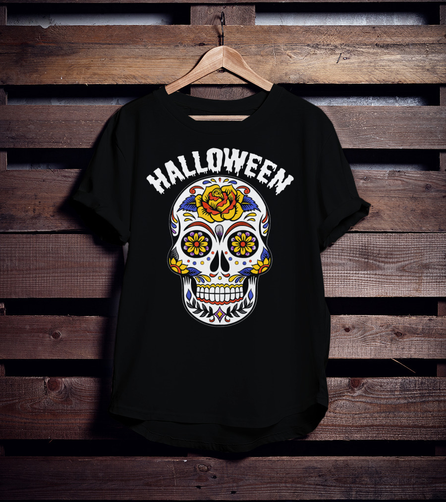 Halloween Calaveras Skull With Floral T-Shirt