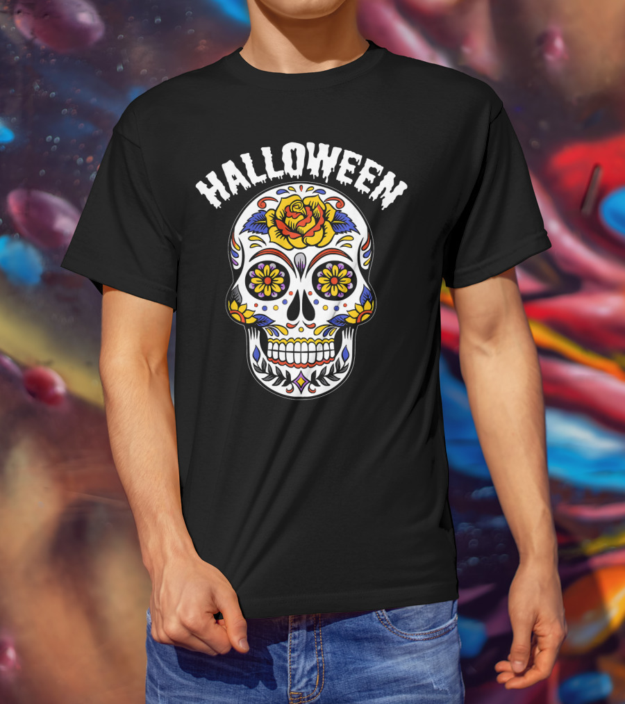 Halloween Calaveras Skull With Floral T-Shirt