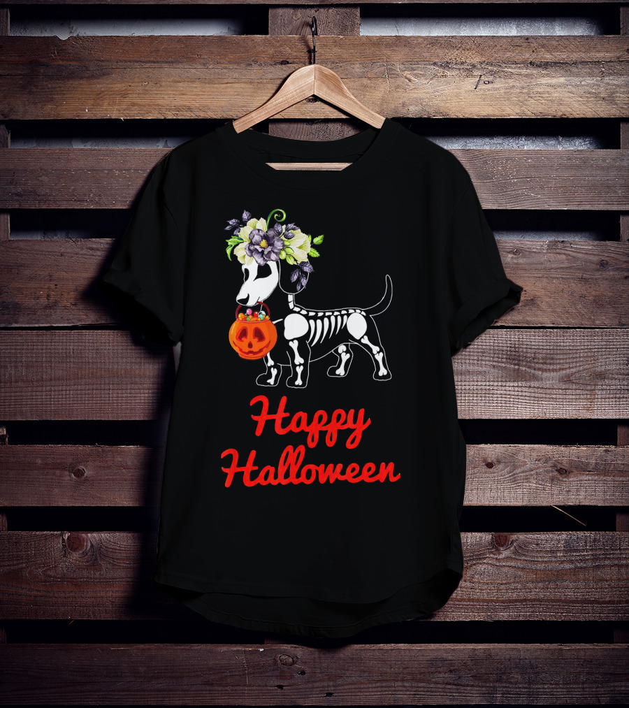 Happy Halloween Skeleton Dachshund With Pumpkin And Floral Crown T-Shirt