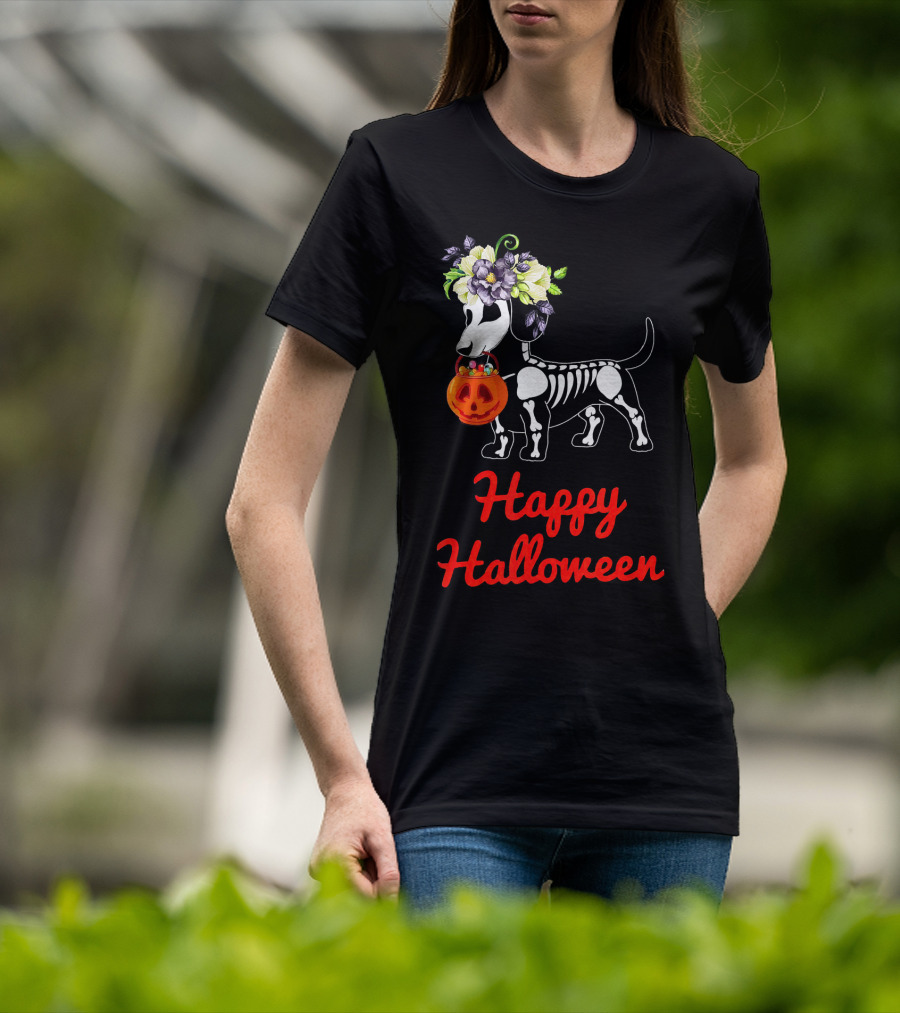 Happy Halloween Skeleton Dachshund With Pumpkin And Floral Crown T-Shirt