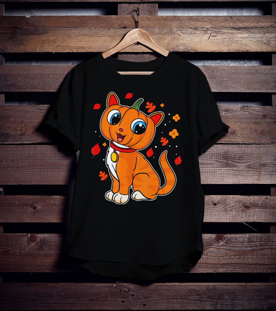 Halloween Pumpkin Cat With Autumn Leaves And Flowers T-Shirt