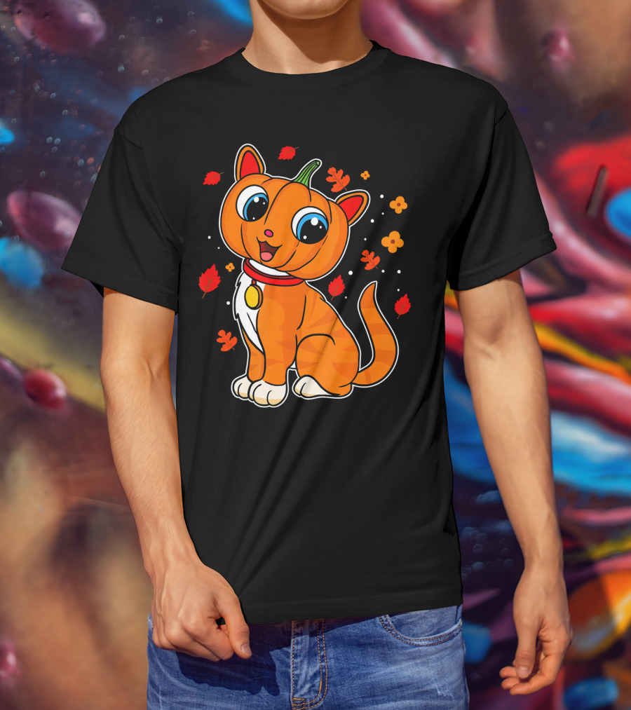 Halloween Pumpkin Cat With Autumn Leaves And Flowers T-Shirt