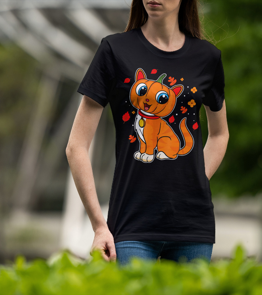 Halloween Pumpkin Cat With Autumn Leaves And Flowers T-Shirt