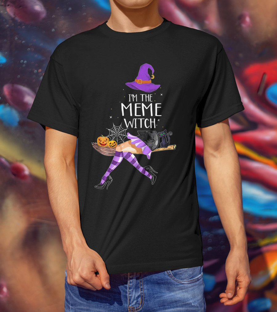 I'm The Meme Witch Halloween Cat Pumpkin Broomstick Hat T-Shirt