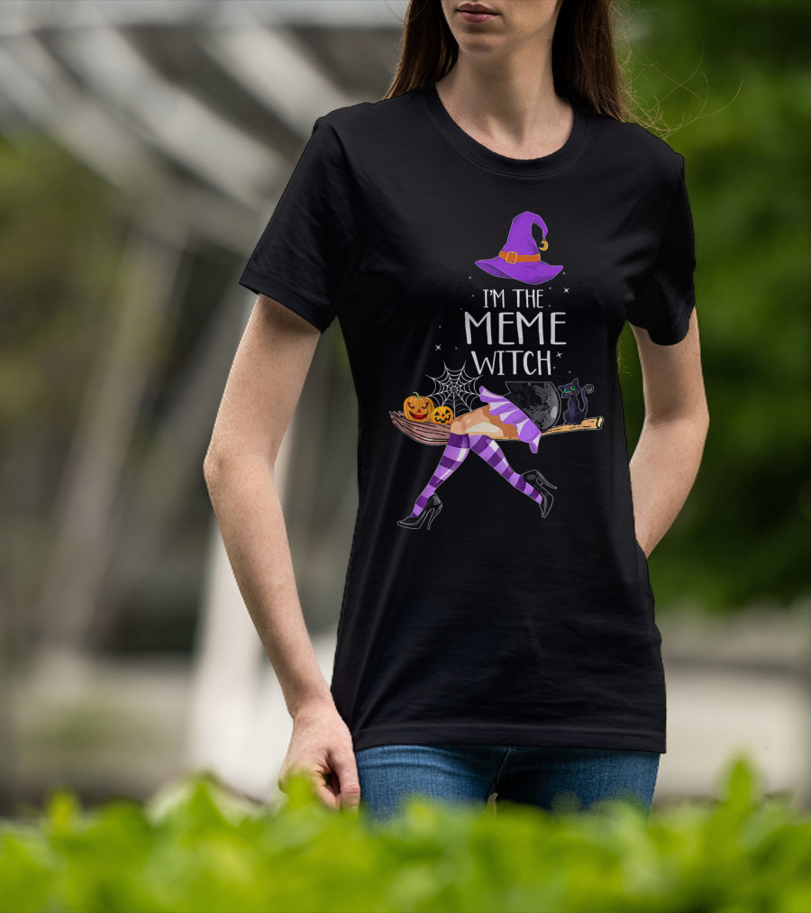 I'm The Meme Witch Halloween Cat Pumpkin Broomstick Hat T-Shirt