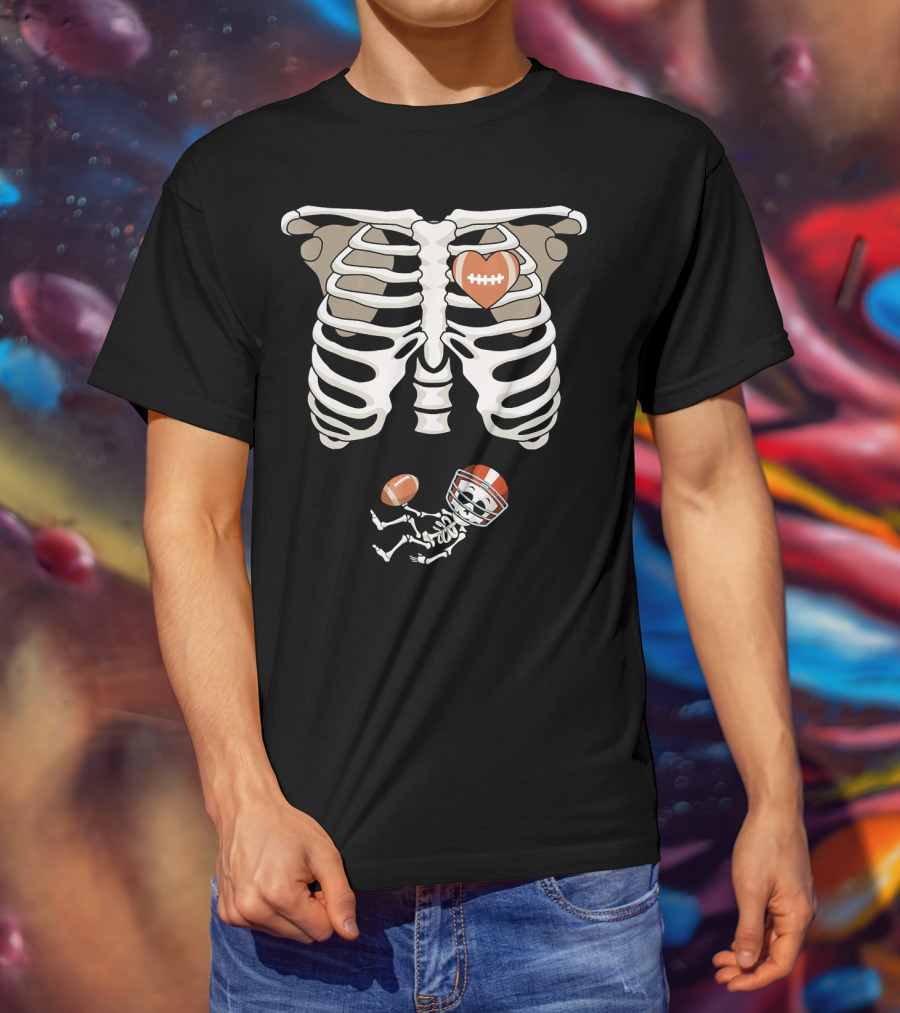 Pregnancy Skeleton Rib Funny Foo Baby Skeleton Football Heart Helmet T-Shirt
