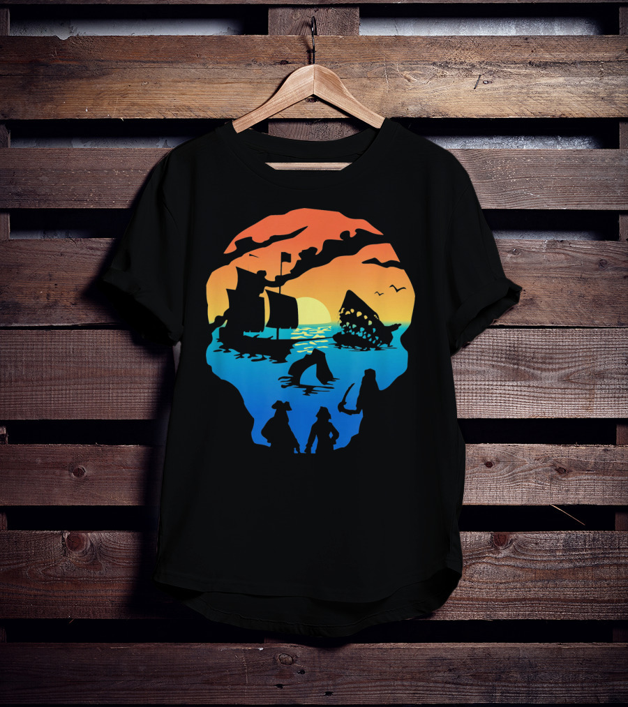 Mens Skeleton Skull Pirate Ship Sunset T-Shirt
