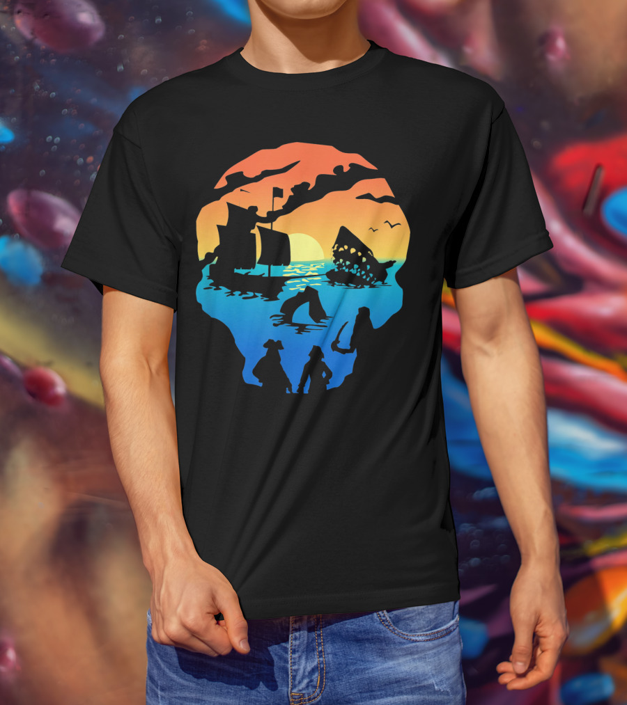 Mens Skeleton Skull Pirate Ship Sunset T-Shirt