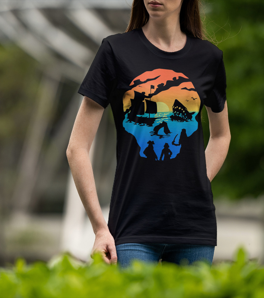 Mens Skeleton Skull Pirate Ship Sunset T-Shirt