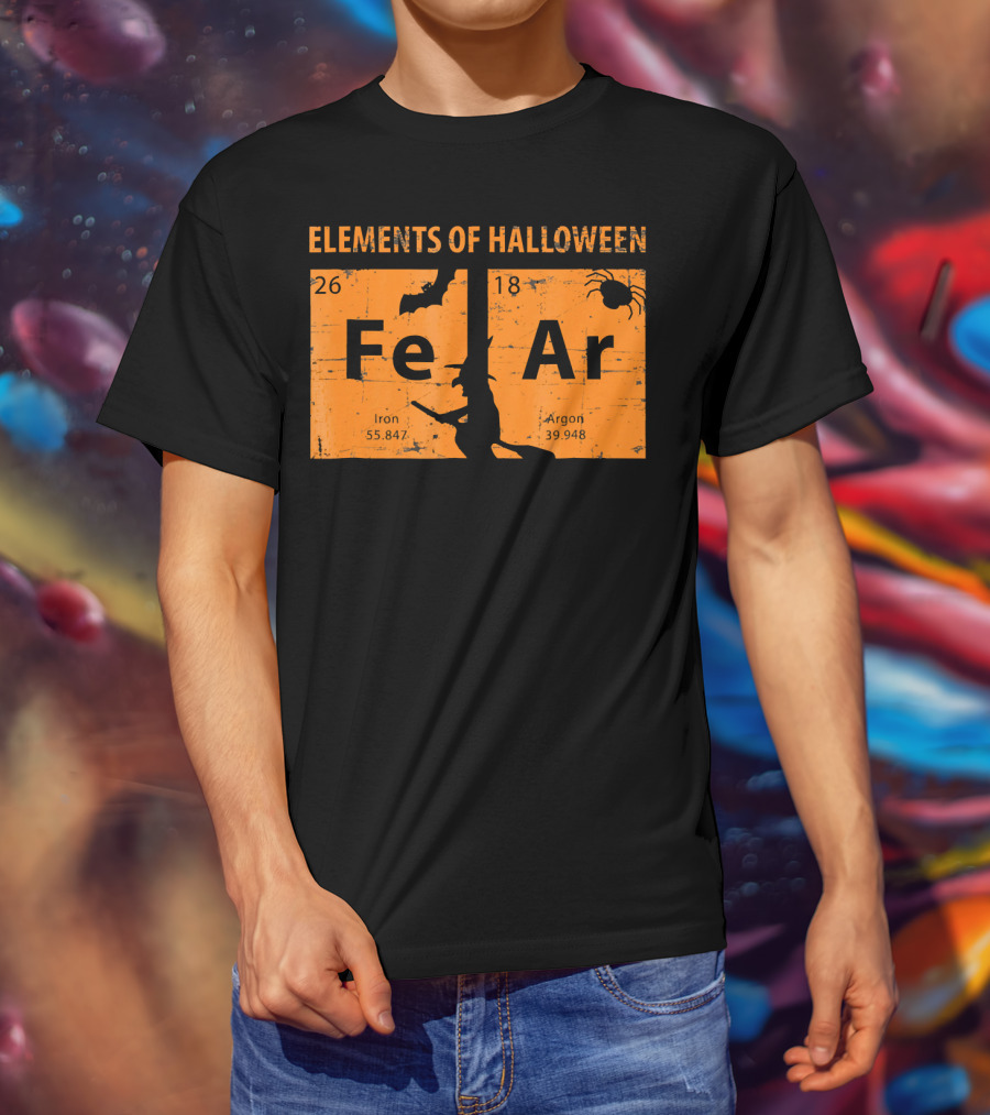 Elements Of Halloween Periodic Table Fe Ar 26 18 Iron Argon Witch Bat Spider T-Shirt
