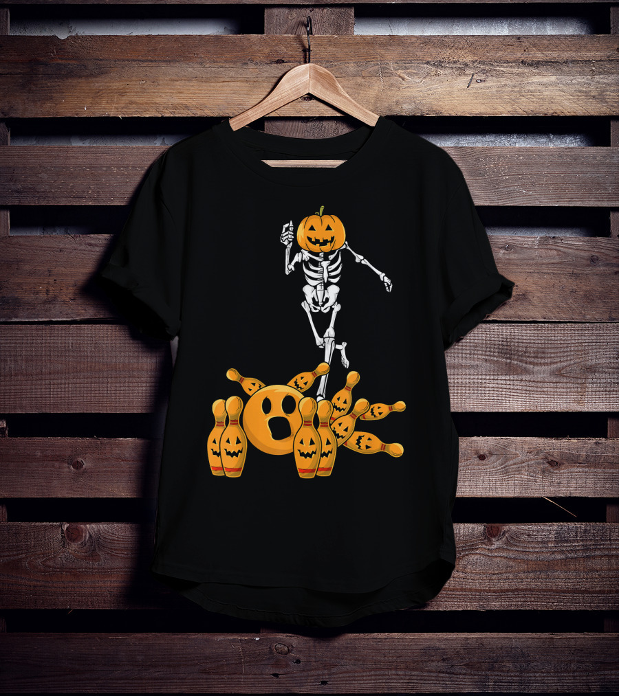 Bones Skeleton Pumpkin Head Halloween Bowling Pin Strike T-Shirt