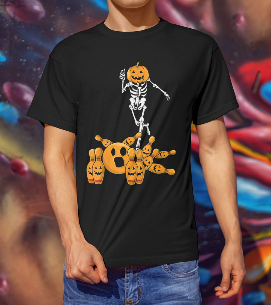Bones Skeleton Pumpkin Head Halloween Bowling Pin Strike T-Shirt