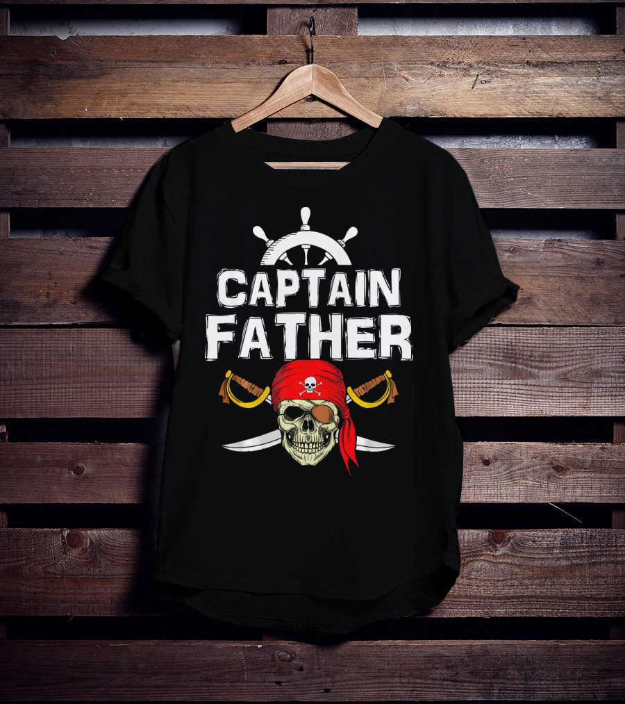 Captain Father Pirate Skull With Swords And Ship Wheel T-Shirt