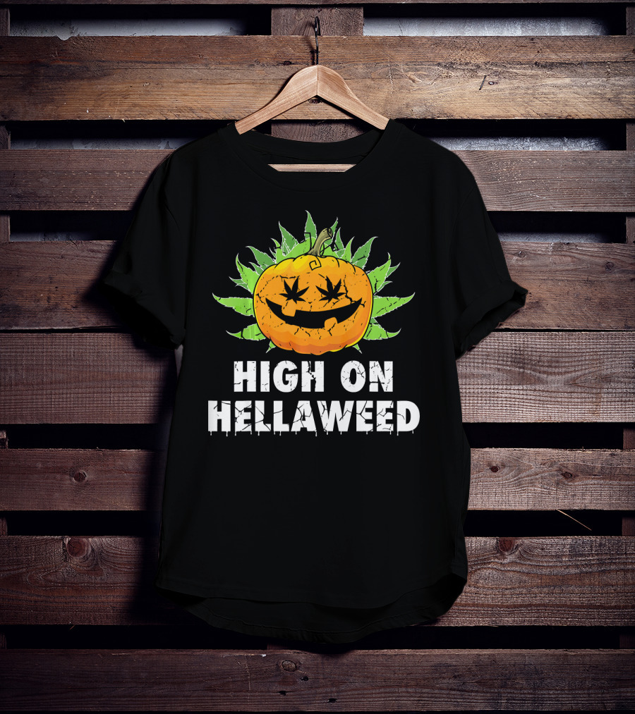 High On Hellaweed Halloween Weed Cannabis Pumpkin Face T-Shirt