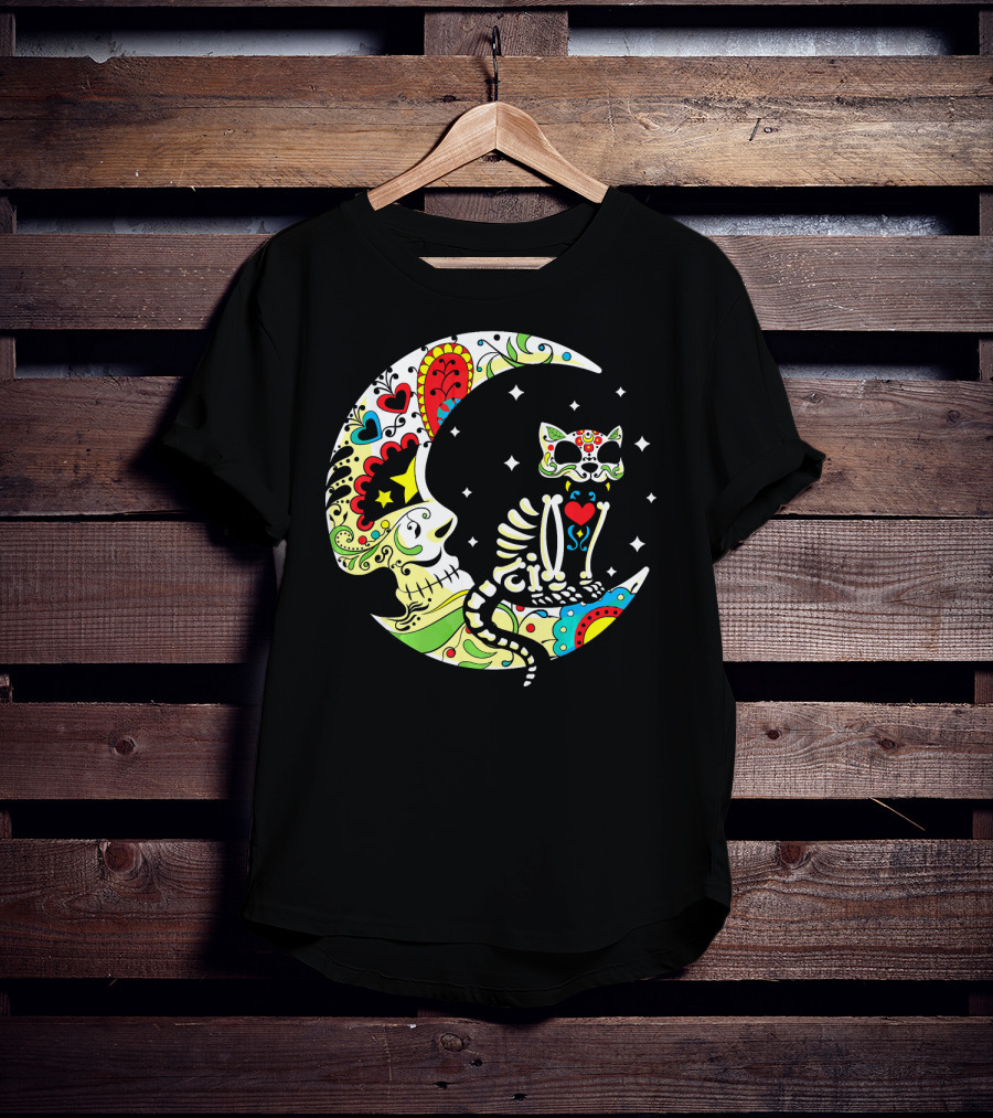 Dia De Los Muertos Halloween Sugar Skull Cat On Crescent Moon T-Shirt