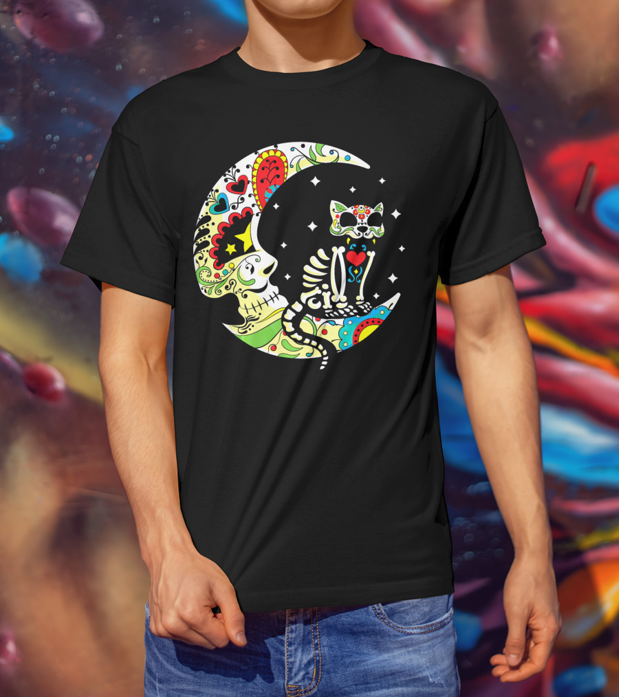 Dia De Los Muertos Halloween Sugar Skull Cat On Crescent Moon T-Shirt