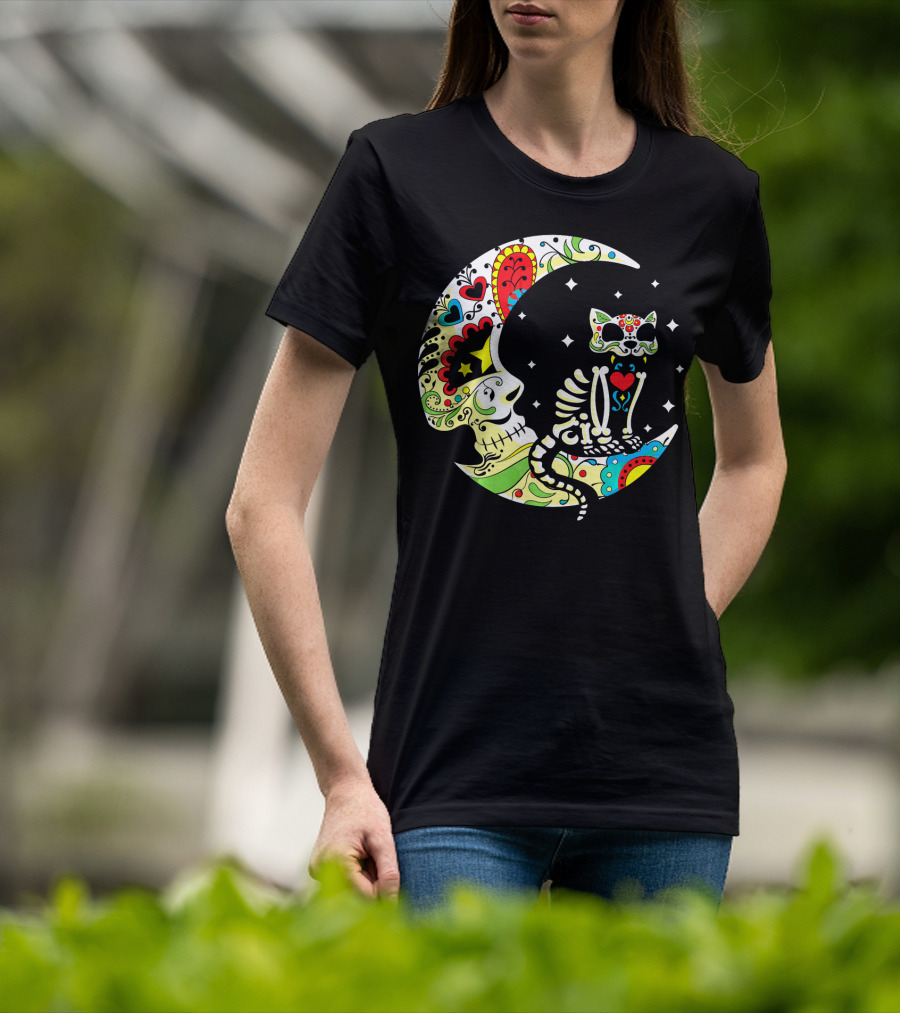 Dia De Los Muertos Halloween Sugar Skull Cat On Crescent Moon T-Shirt