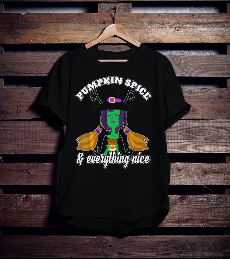 Pumpkin Spice And Everything Nice Witch Green Face Hat Brooms T-Shirt
