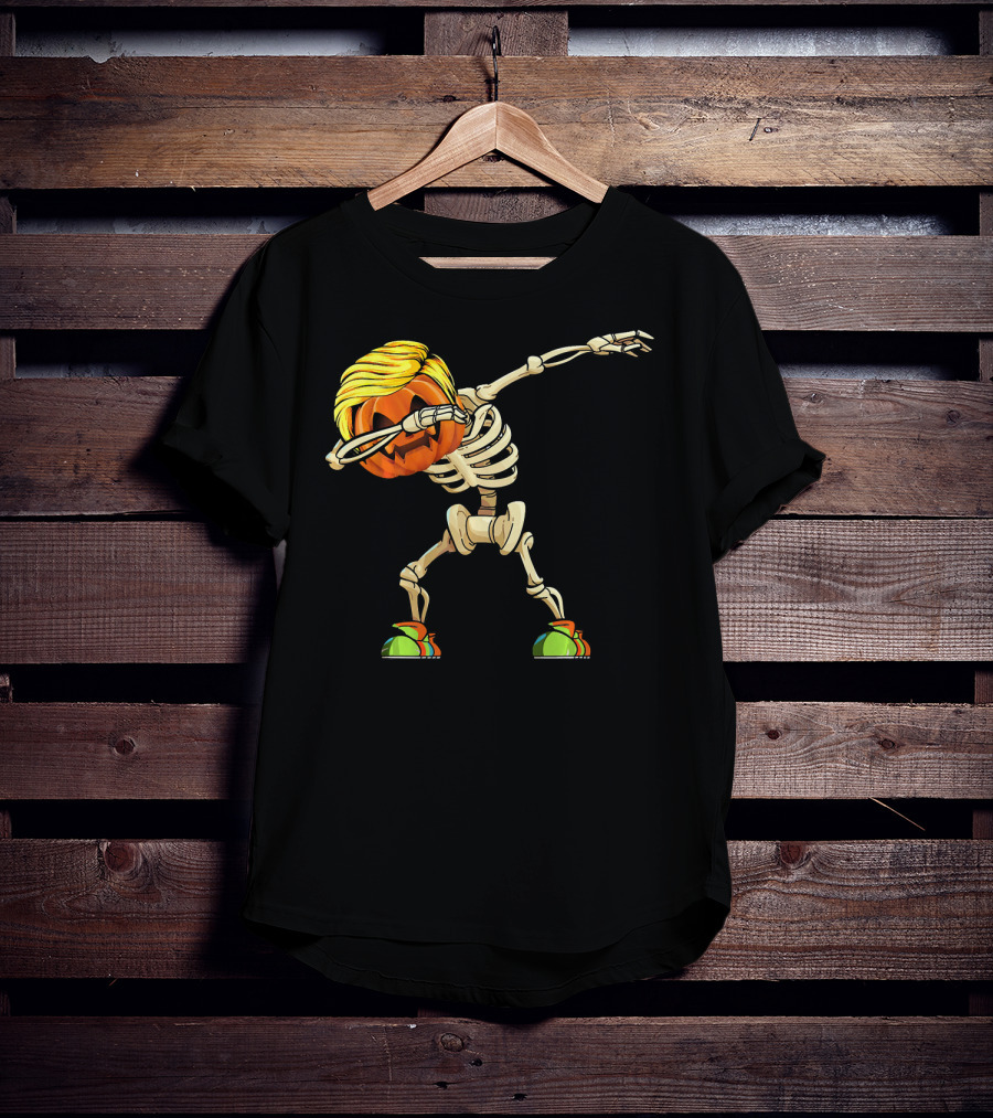 Funny Halloween Dabbing Skeleton Pumpkin With Golden Hair And Colorful Sneakers T-Shirt