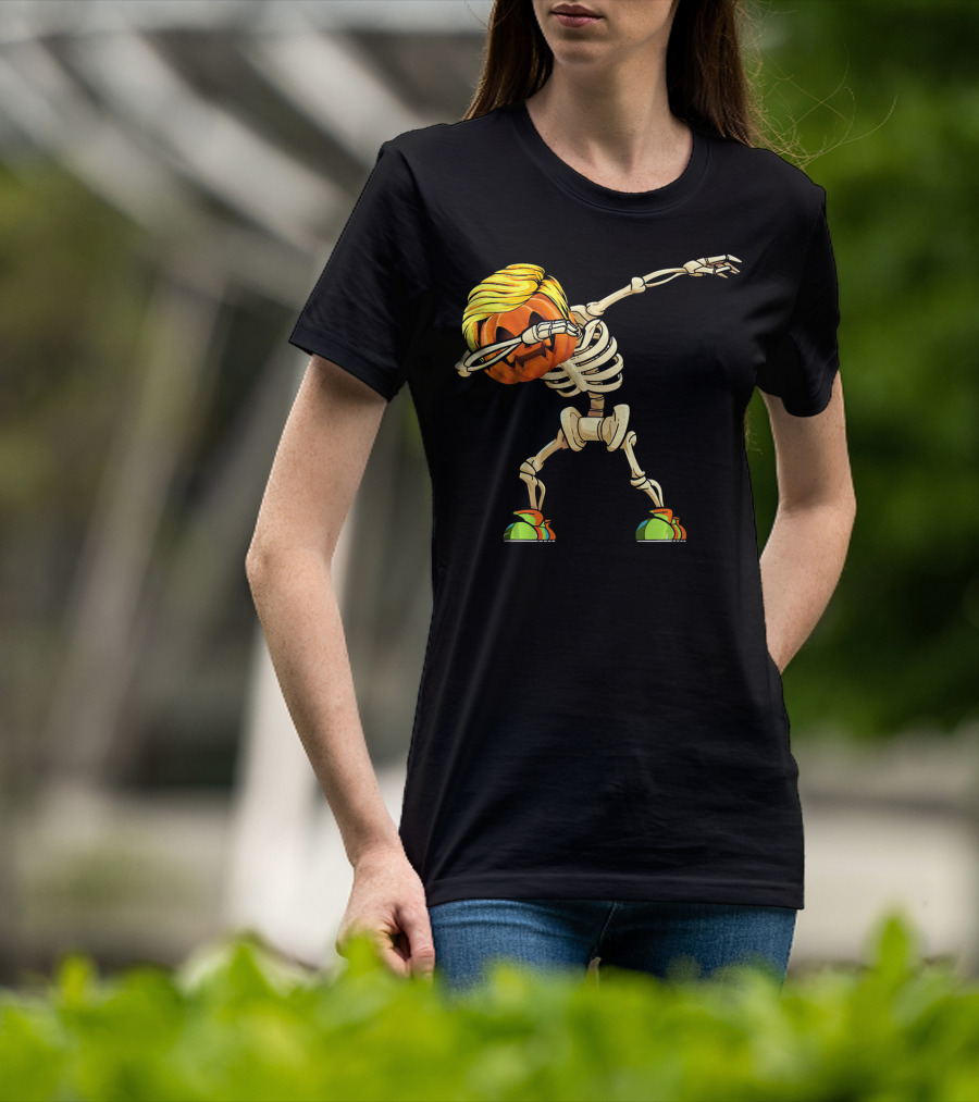 Funny Halloween Dabbing Skeleton Pumpkin With Golden Hair And Colorful Sneakers T-Shirt
