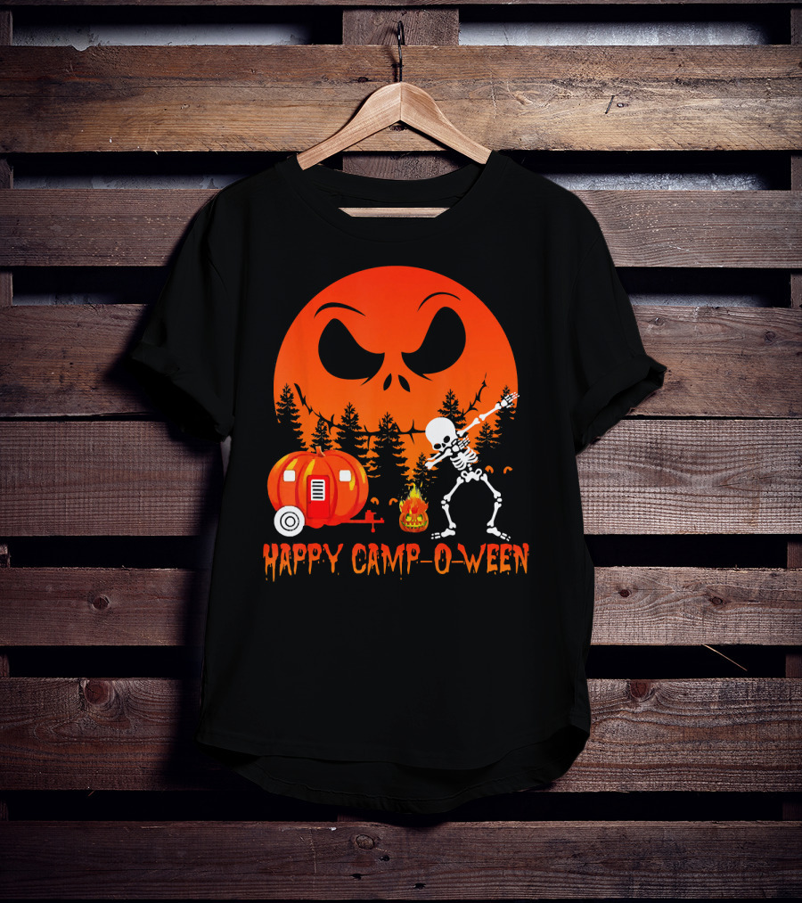 Happy Camp-O-Ween Skeleton Dab Pumpkin Camper Spooky Forest Scene T-Shirt
