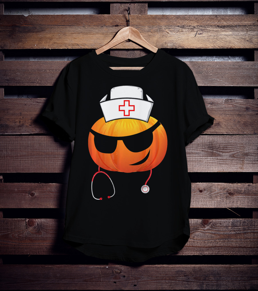 Smiling Pumpkin Nurse Emoji With Stethoscope Halloween T-Shirt