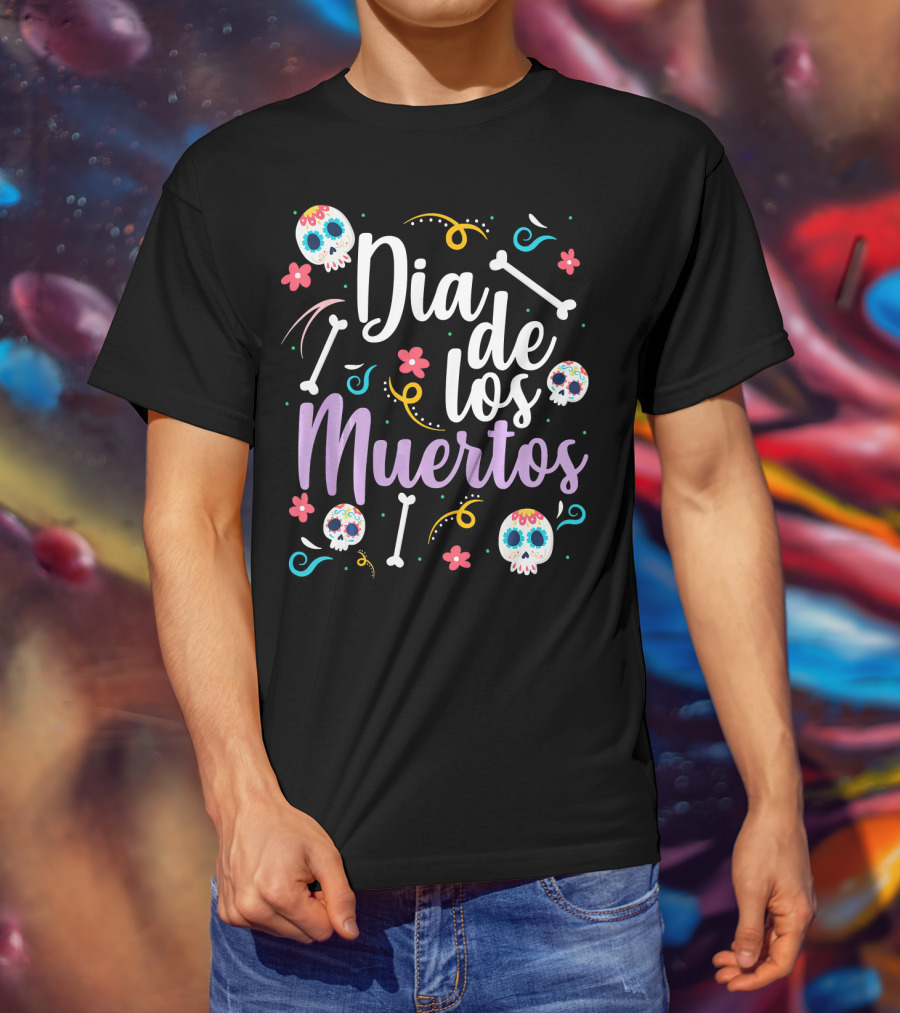 Dia De Los Muertos Colorful Sugar Skulls And Bones T-Shirt