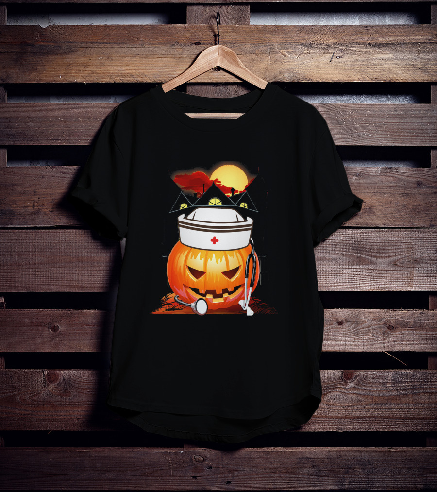 Nurse Pumpkin Halloween With Stethoscope And Haunted House T-Shirt