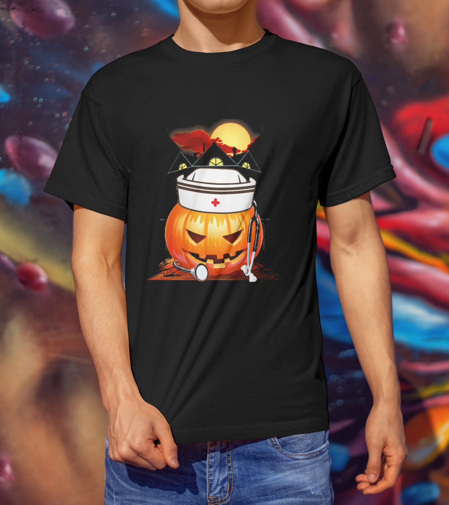 Nurse Pumpkin Halloween With Stethoscope And Haunted House T-Shirt