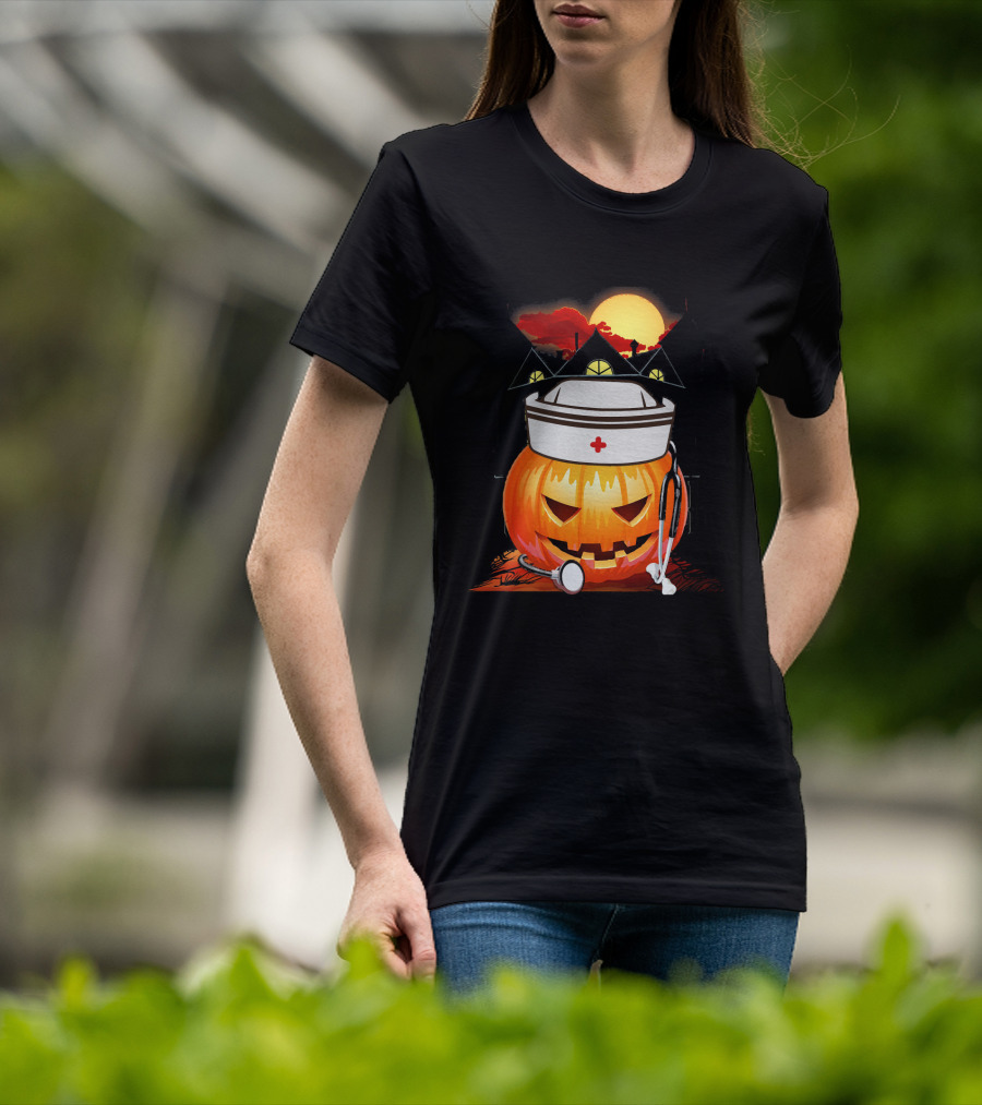 Nurse Pumpkin Halloween With Stethoscope And Haunted House T-Shirt